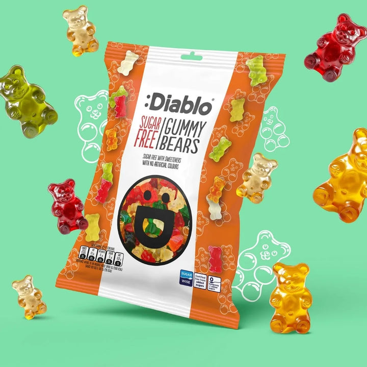 Diablo gominolas sin azúcar (75 g, 1,5 g de HC* contabilizables por bolsa), dulces Diablo