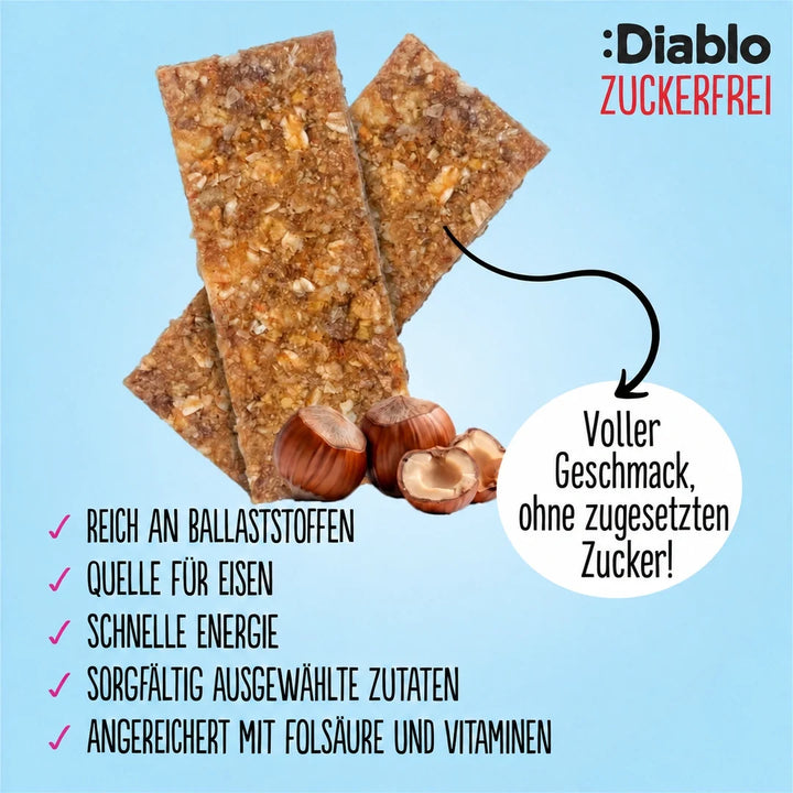 Diablo sans sucre : barre de muesli aux noisettes (30 g, seulement 13,8 g de glucides comptabilisables*)