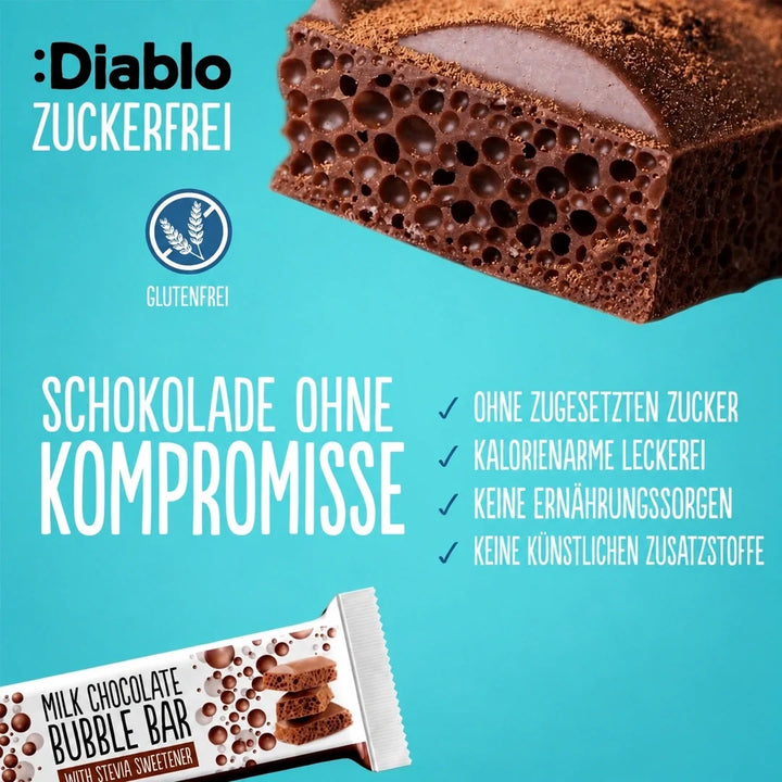 Diablo sans sucre : barre chocolatée Bubble (30 g, 3,6 g de glucides comptabilisables*)