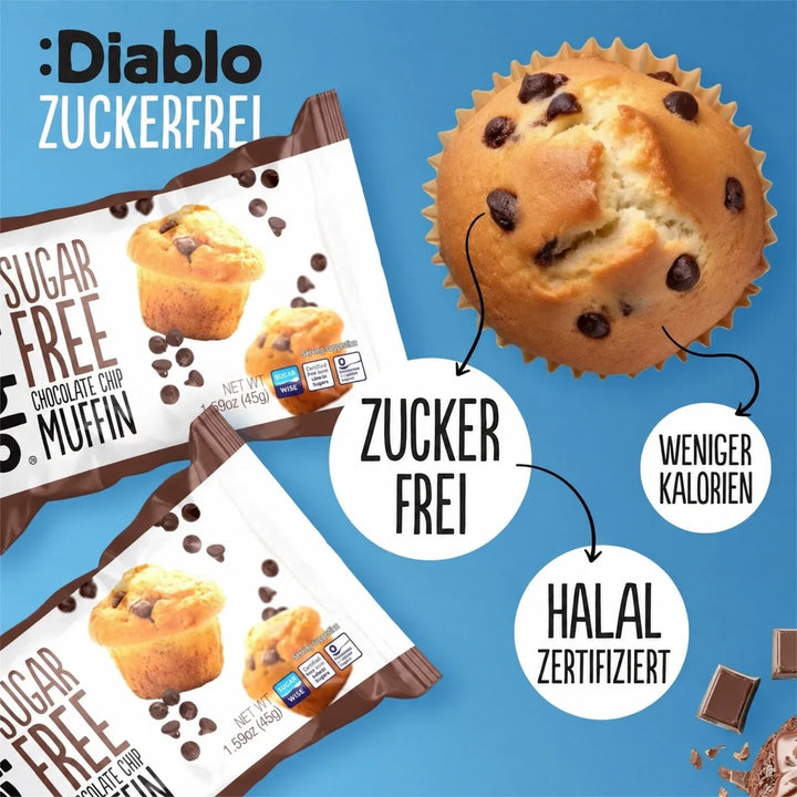 Diablo 6x muffins sin azúcar con trocitos de chocolate, pack ahorro de 6 (45 g, 12,9 g de hidratos de carbono* computables por muffin)
