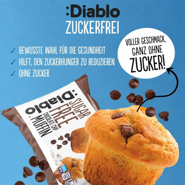 Diablo 6x muffins sin azúcar con trocitos de chocolate, pack ahorro de 6 (45 g, 12,9 g de hidratos de carbono* computables por muffin)