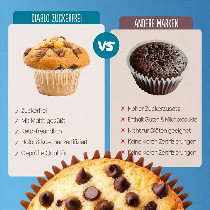 Diablo 6x muffins sin azúcar con trocitos de chocolate, pack ahorro de 6 (45 g, 12,9 g de hidratos de carbono* computables por muffin)