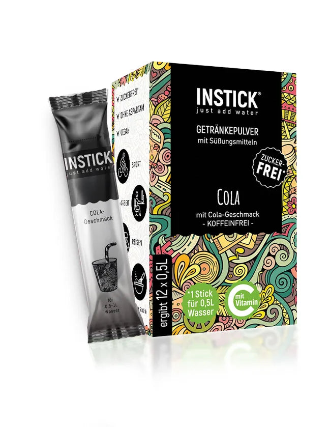 INSTICK Cola 12x polvo para bebidas sin azúcar, vegano (12 x 0,5 l, sin KH/BE/cafeína)