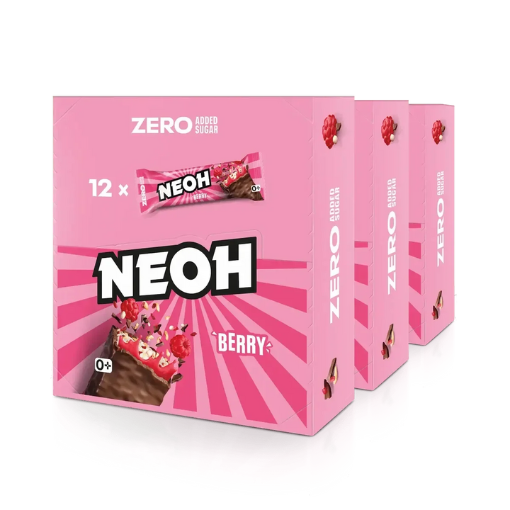 Barrita NEOH Berry: 12x barritas de chocolate Berry sin azúcar, con sabor a frutos rojos, pack ahorro 10+2 (3 g de HC* computables por barrita)
