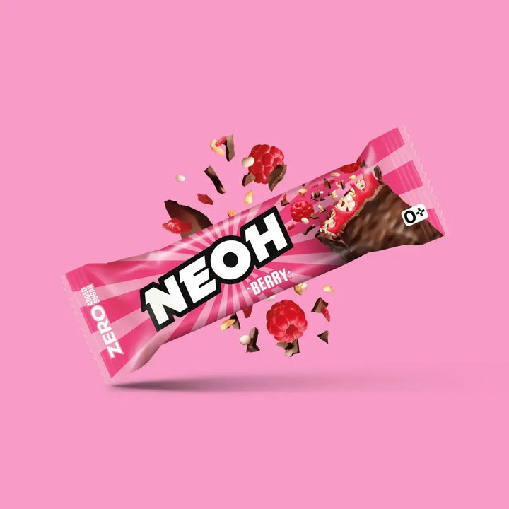 Barrita NEOH Berry: 12x barritas de chocolate Berry sin azúcar, con sabor a frutos rojos, pack ahorro 10+2 (3 g de HC* computables por barrita)