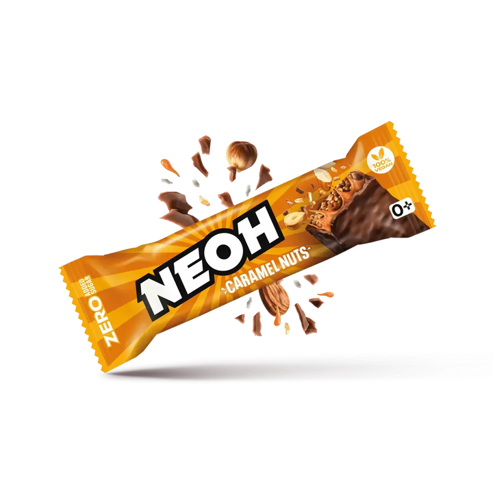 Barre chocolatée NEOH Caramel Nuts Bar : 12x barres sans sucre, lot économique 10+2 (3,4 g de glucides* pris en compte par barre)