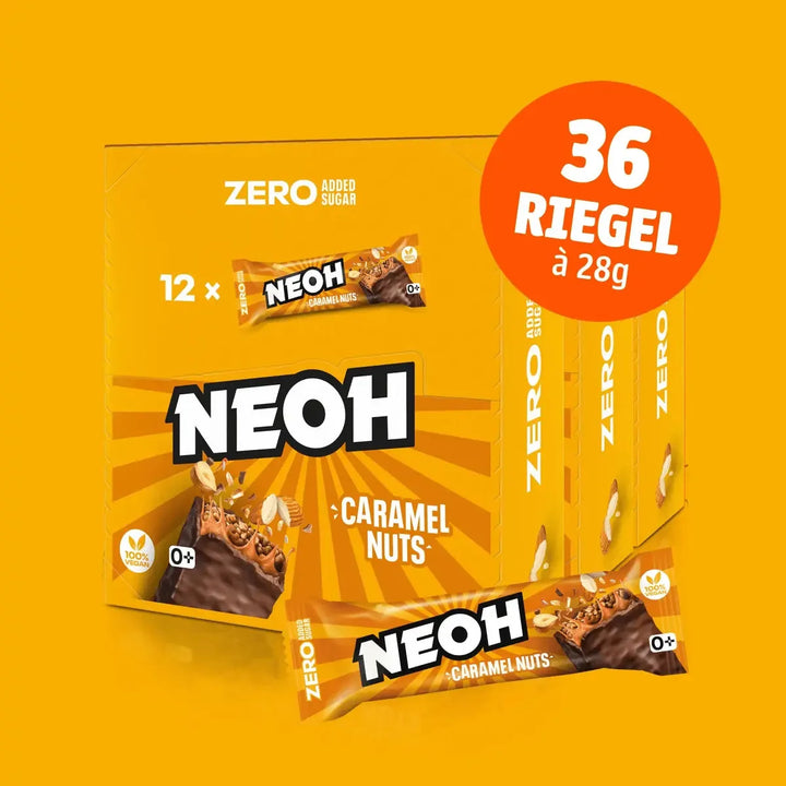 Barre chocolatée NEOH Caramel Nuts Bar : 12x barres sans sucre, lot économique 10+2 (3,4 g de glucides* pris en compte par barre)