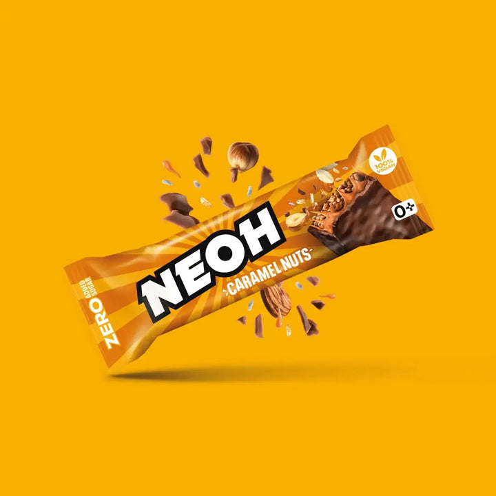 Barre chocolatée NEOH Caramel Nuts Bar : 12x barres sans sucre, lot économique 10+2 (3,4 g de glucides* pris en compte par barre)