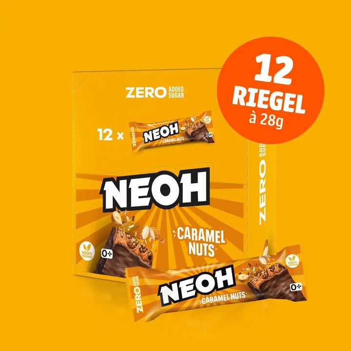 Barre chocolatée NEOH Caramel Nuts Bar : 12x barres sans sucre, lot économique 10+2 (3,4 g de glucides* pris en compte par barre)