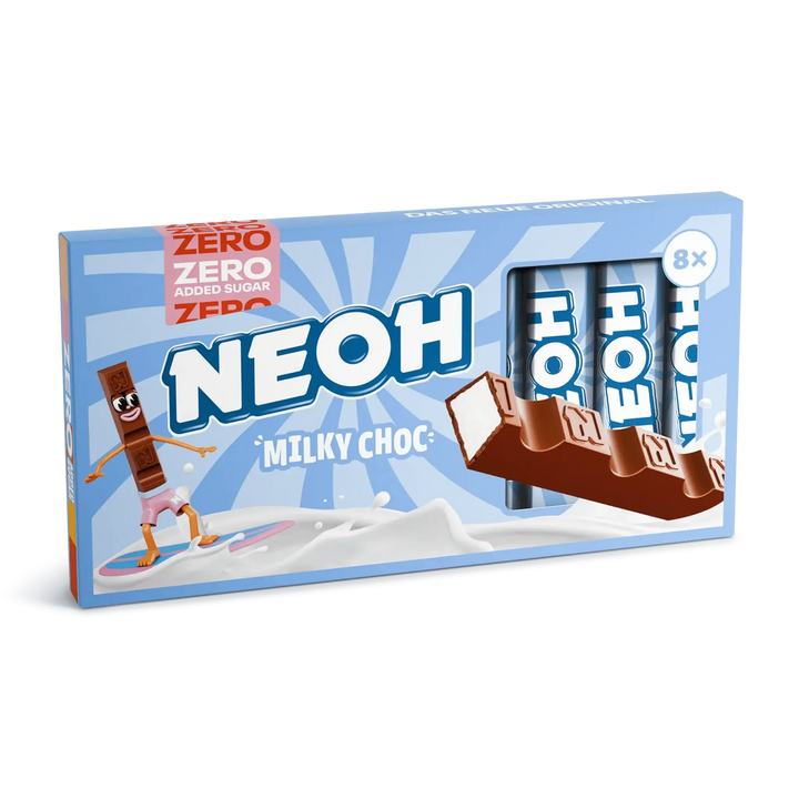 NEOH MILKY CHOC barritas: 8x barritas de chocolate con leche sin azúcar (1,6 g de HC contables* por barrita)