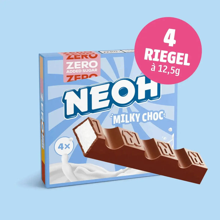 NEOH MILKY CHOC barritas: 8x barritas de chocolate con leche sin azúcar (1,6 g de HC contables* por barrita)