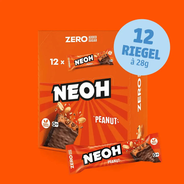 Barre chocolatée NEOH Peanut Bar : 12x barres véganes sans sucre, lot économique 10+2 (3,6 g de glucides* pris en compte par barre)